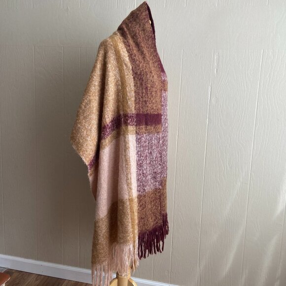 Soft Cozy Chunky Knit Boho Plaid Print Fringe Trim Oversized Scarf Wrap - Picture 5 of 13